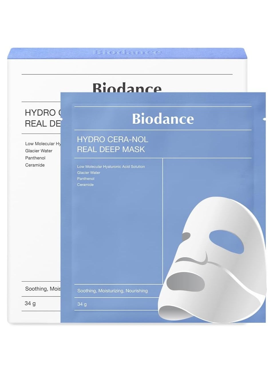 BIODANCE Hydro Cera-nol Real Deep Mask, (34g) x 4ea Overnight Hydrogel Mask, Soothing, Moisturizing, Nourishing