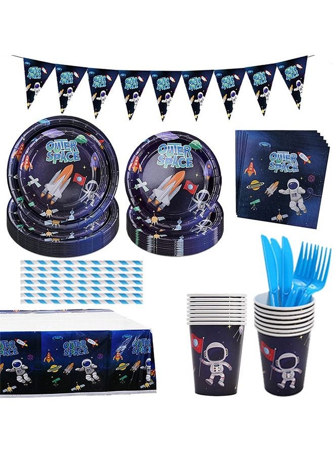 130-Pieces Outer Space Party Supplies Astronaut Planet Theme Children Birthday Disposable Dinnerware Set Includes Plates Cups Napkins Spoons Forks Knives Tablecloth and Banner (16 Guests)