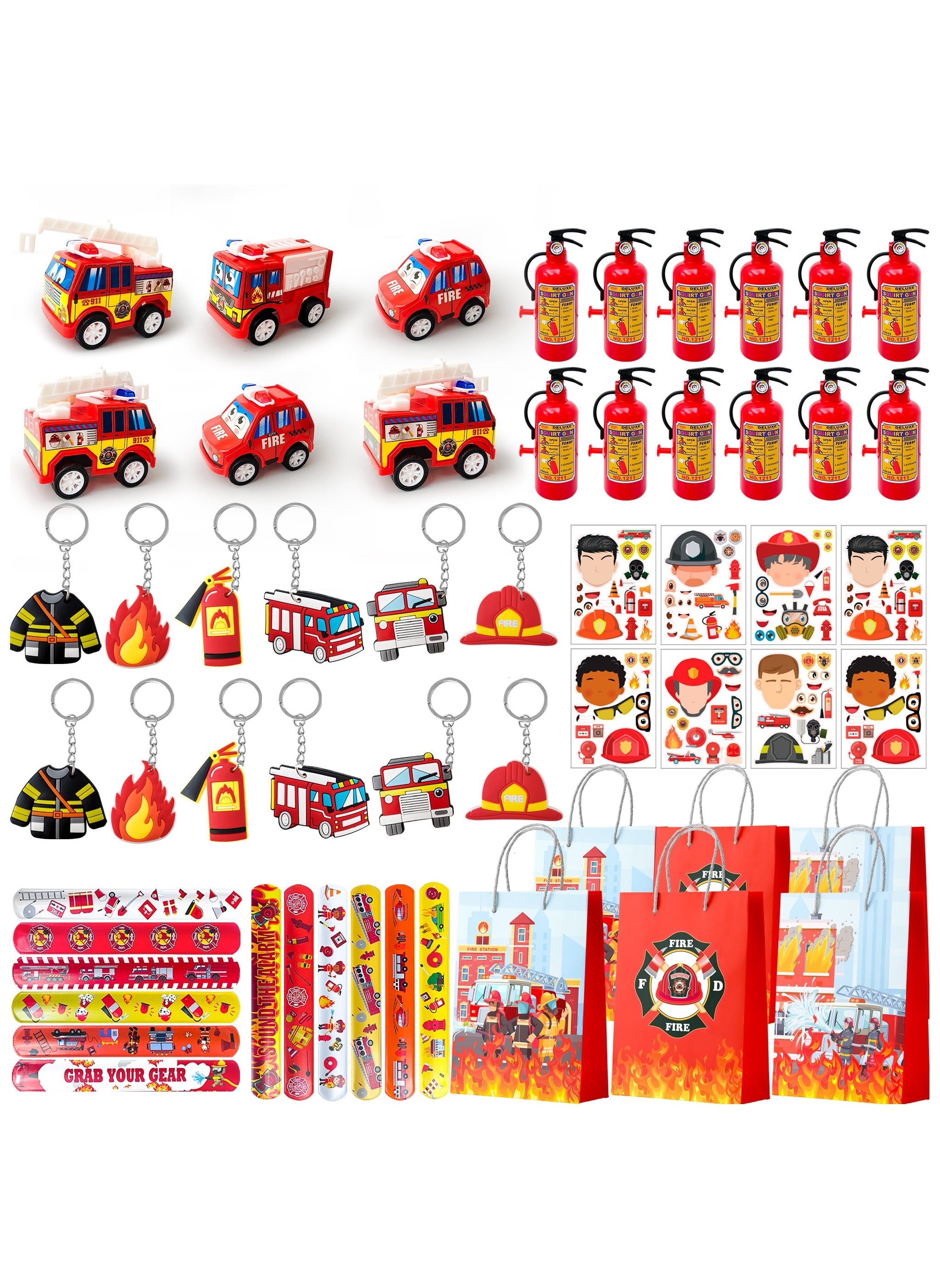 Firefighter Party Favors,72pcs Fire Truck Party Favors Set- Party Stickers Slap Bracelets Keychains etc Firefighter Themed Party Favors for Firefighter Birthday Party Decorations Supplies