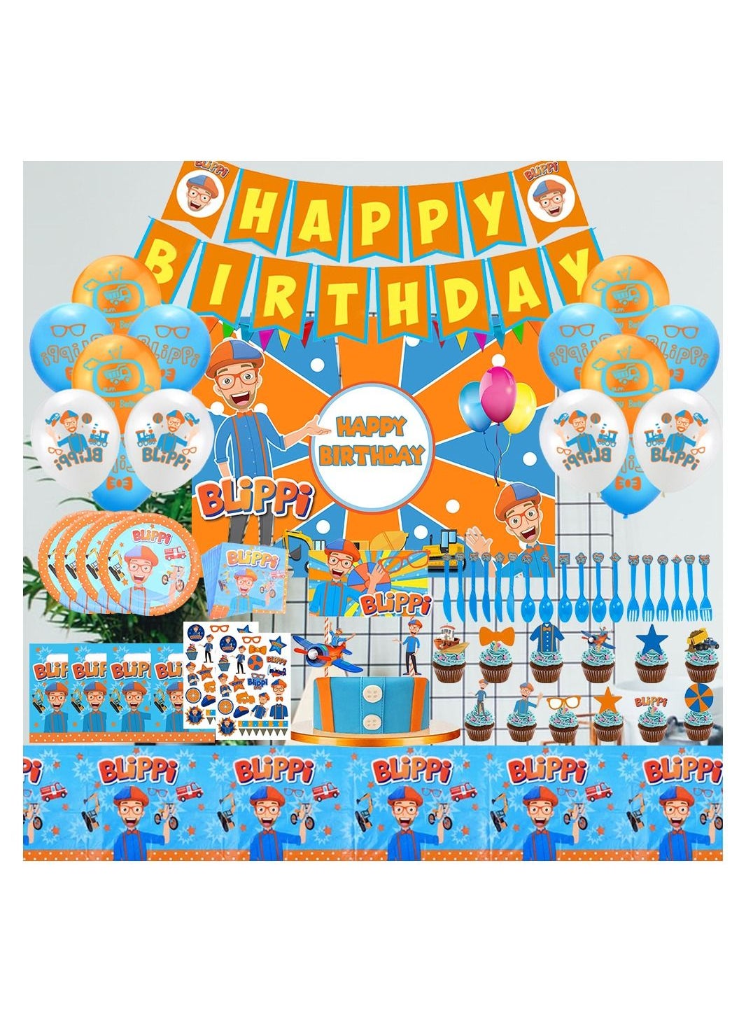 Decoration Box Supplies For Kids Birthday, Blippi Party Decorations Kit Favor Theme For Boys And Girls Included Table Cloth, Cake Dishes, Napkins, Gift