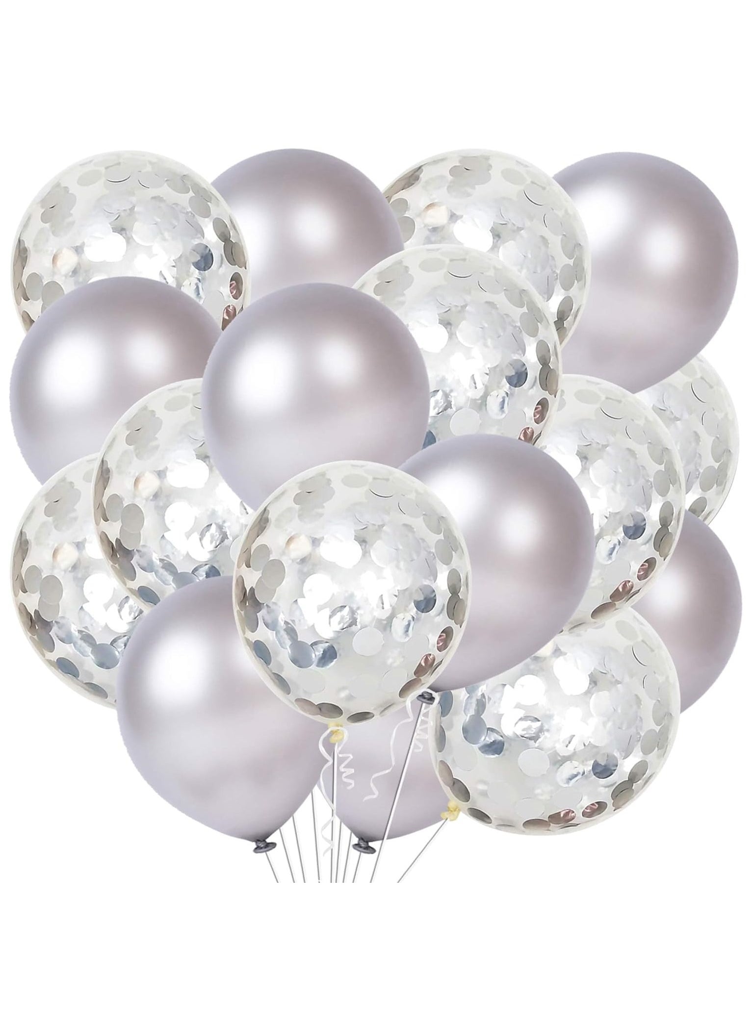 Silver and Silver Confetti Latex Balloons Pack of 30 | Latex Silver and Confetti Balloons for Birthday