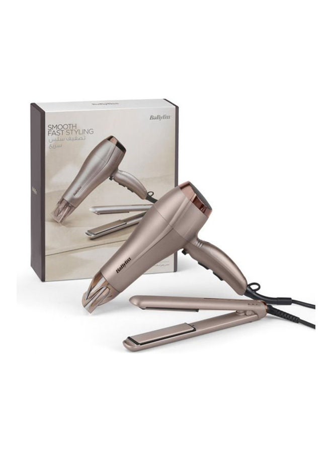 Paddle Travel Dry Airbrush | DC Dryer 1900W-2300W | Professional 2300W Hair Dryer & Smooth Pro 235 Hair Straightener Set for Salon-Quality | Ceramic Plates | Frizz-Free Styling, 5514PSDE Beige