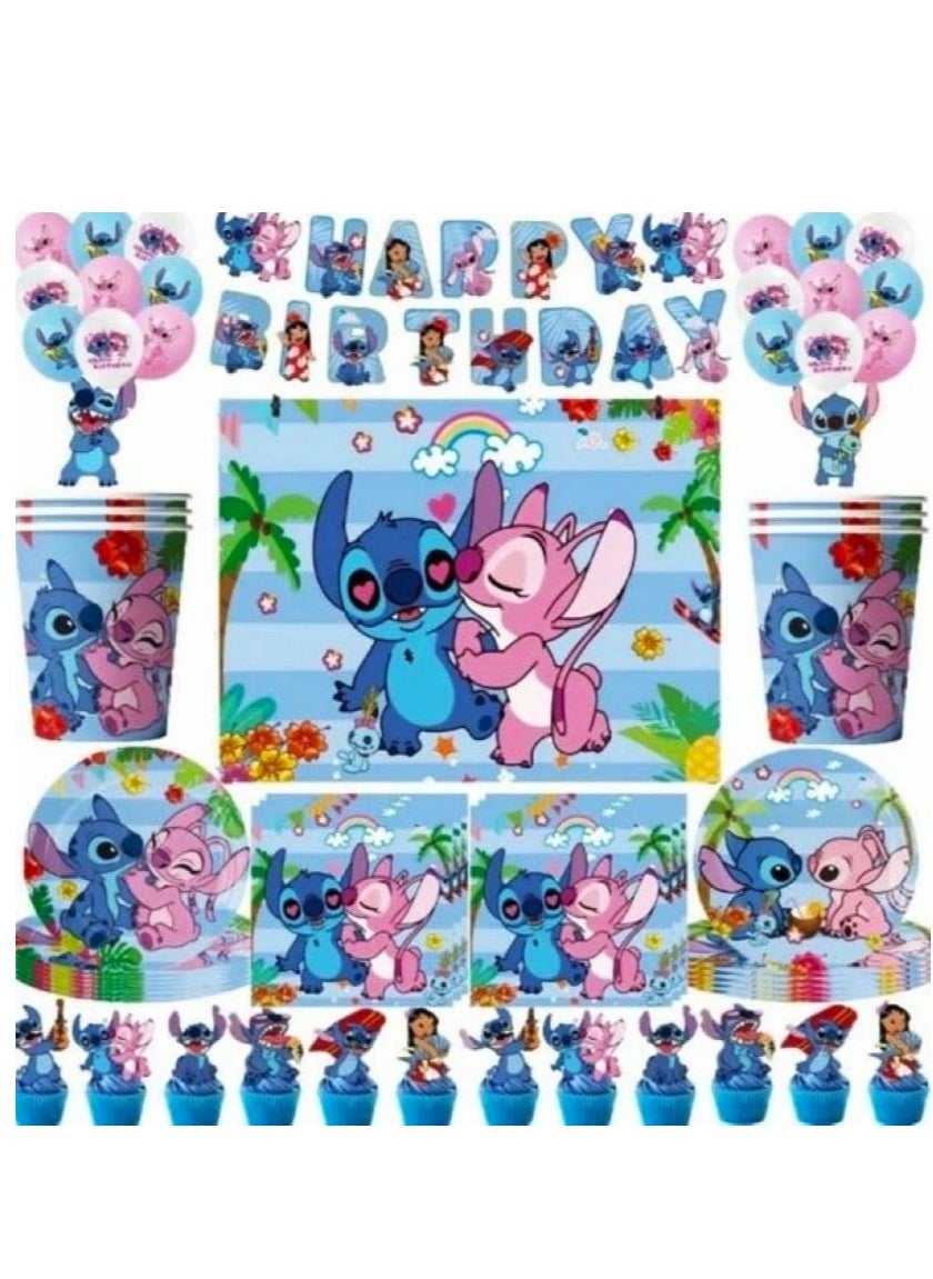 Lilo & Stitch Birthday Set, Party Decoration, Stitch & Lilo Cartoon Party Favor for Boys & Girls, Included Banners, Cake Decoration, Balloons & Tableware & Backdrop-120 Pcs