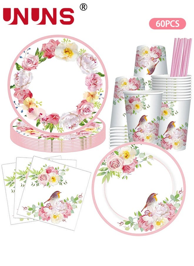 90PCS Vintage Floral Party Supplies,Includes Floral Paper Plates Cups Napkins Straw,For Bridal Shower Wedding Flower Birthday Decorations Garden Tea Party