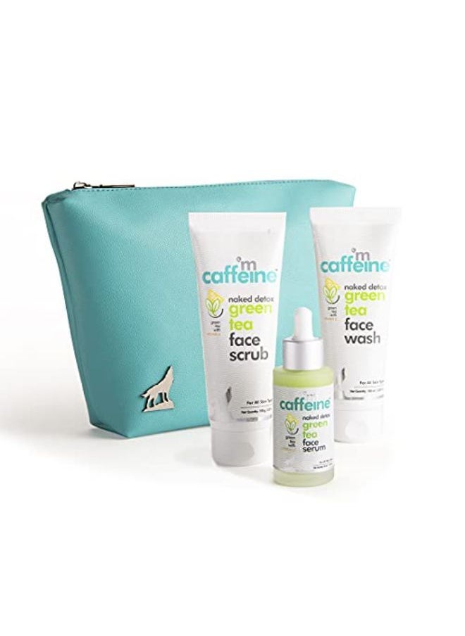 Green Tea Face Purifying Kit With Free Teal Pouch | Gentle Face Wash, Exfoliating Face Scrub And Hydrating Face Serum Combo | Pack Of 3