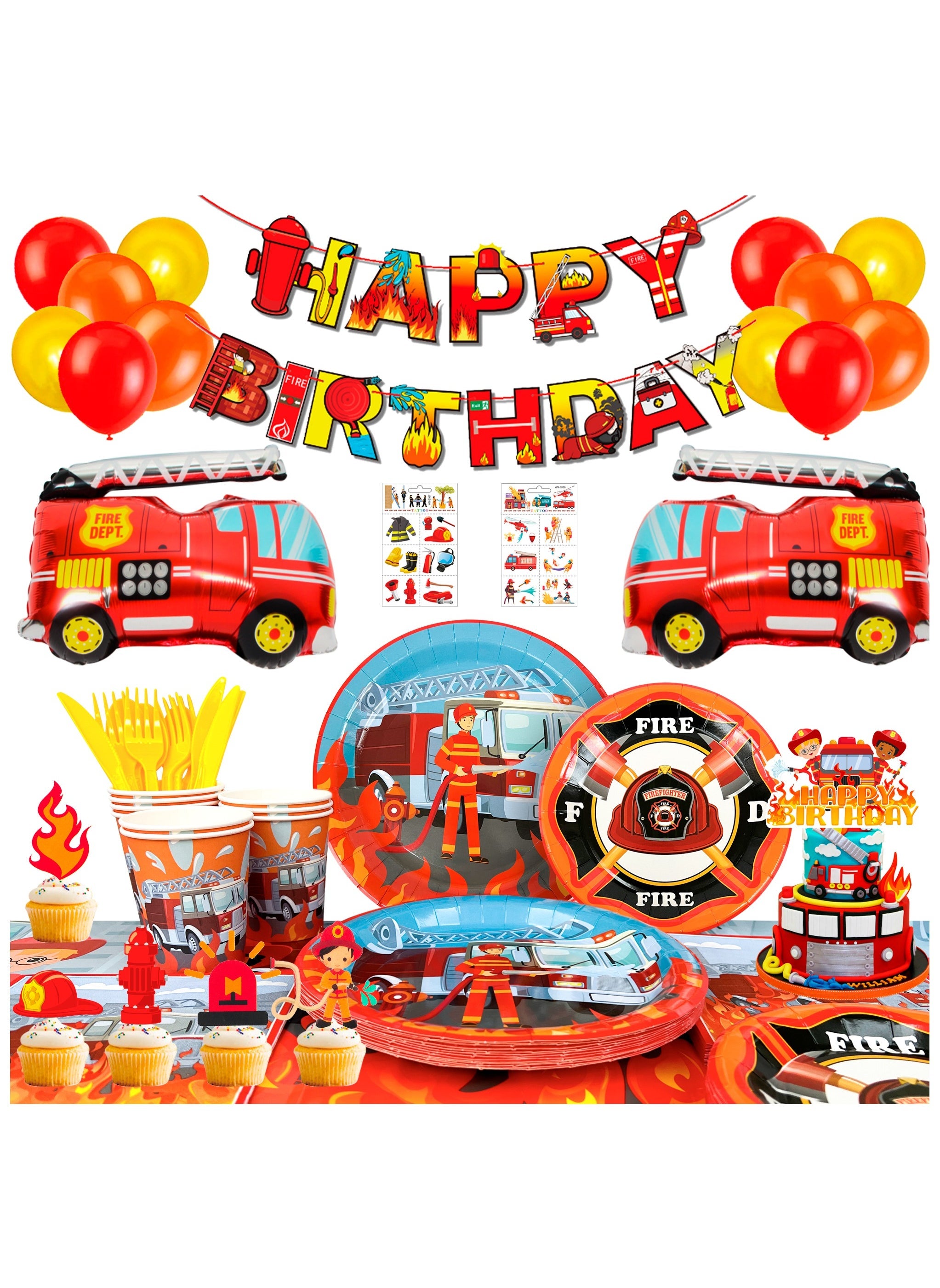 Fire Truck Birthday Party Supplies,155pcs Fire Truck Party Decorations&Tableware Set - Fire Truck Foil Balloons Banner Plates Cups Table Cover etc