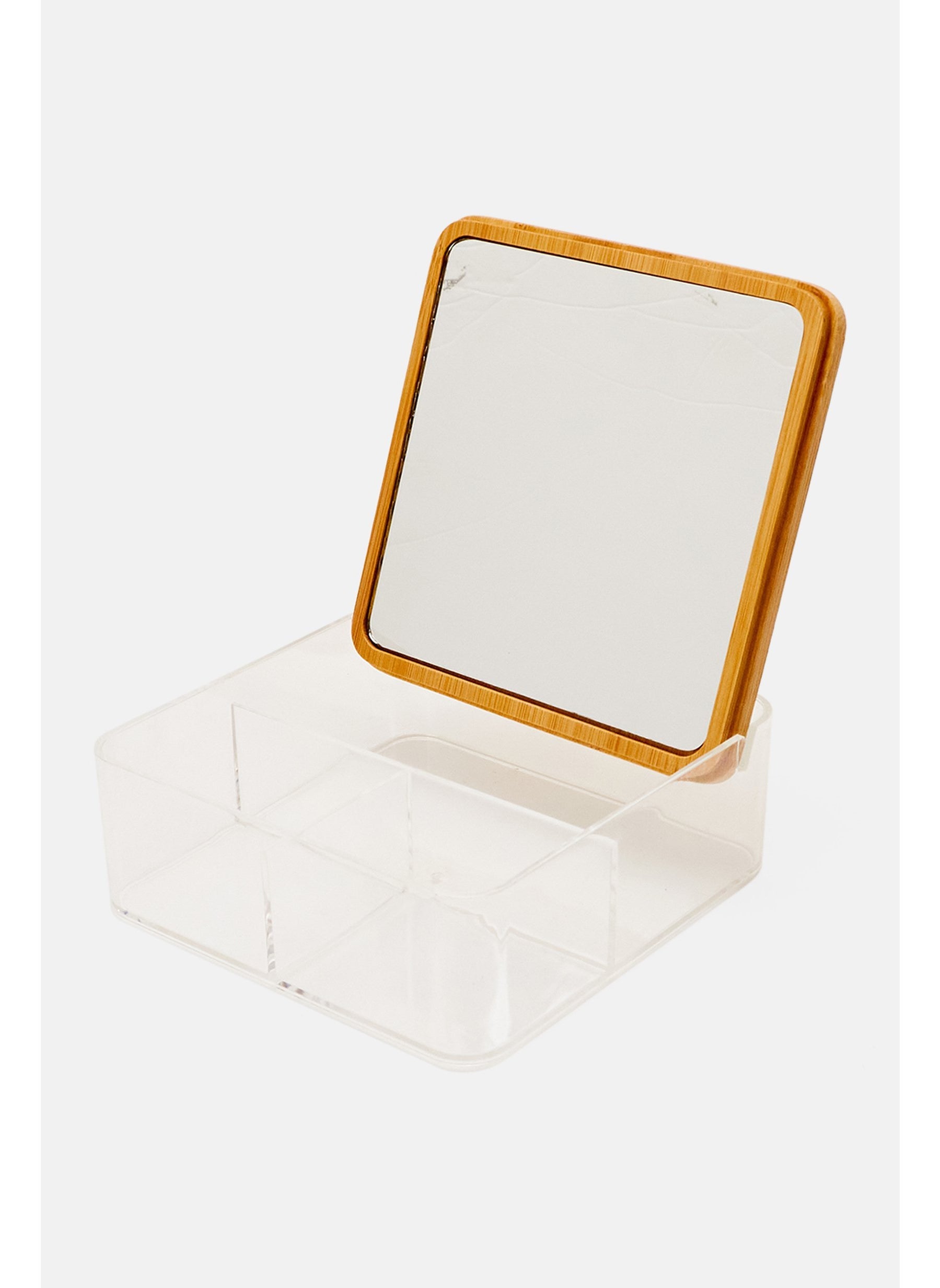 Compact Organizer With Mirror And Bamboo Lid, Tan/Transparent