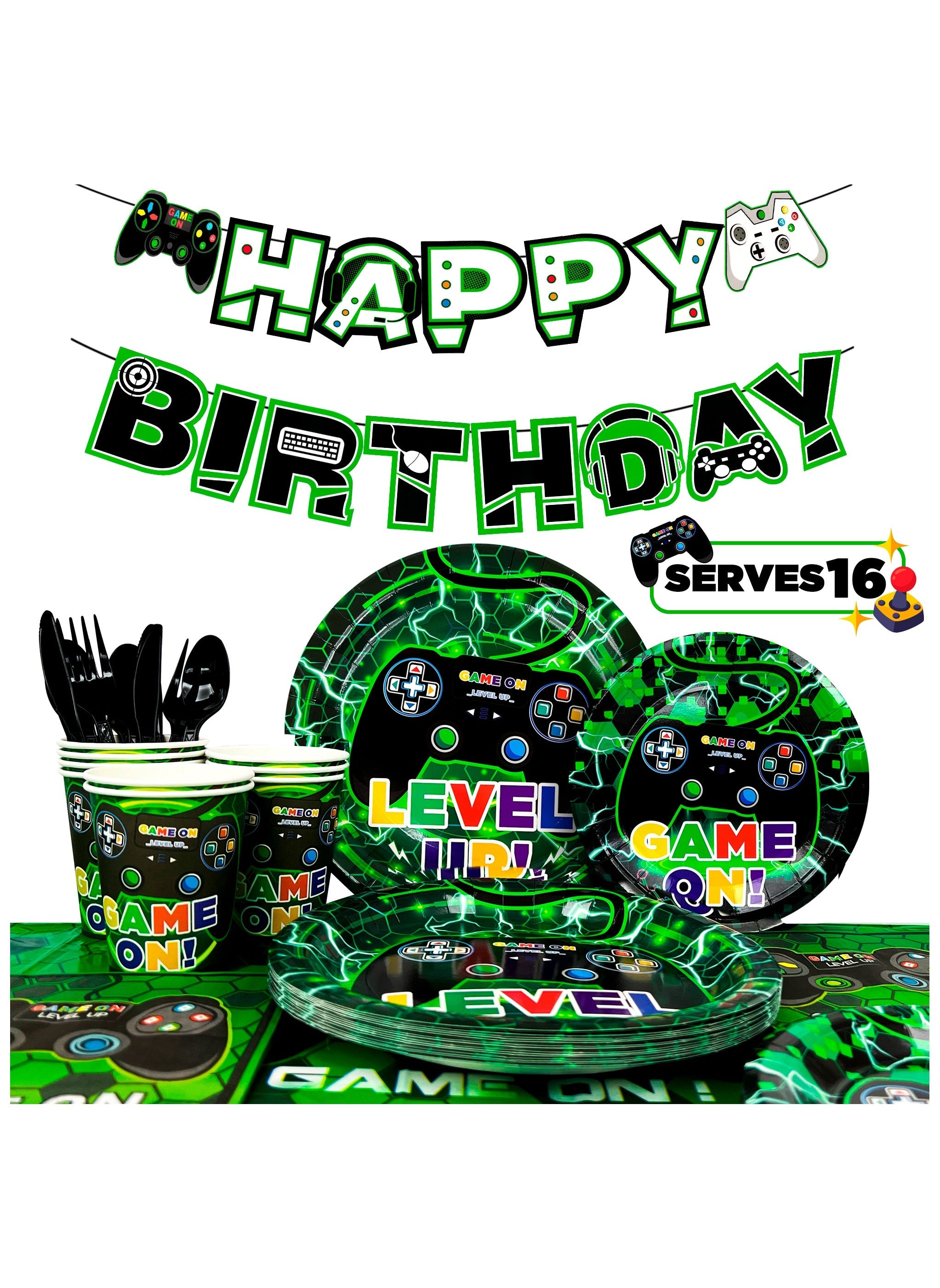 Video Game Party Supplies,128pcs Video Game Party Tableware Set - Video Game Plates and Napkins,Cups Table Cloth&Gamer Birthday Decorations Banner etc Party Supplies