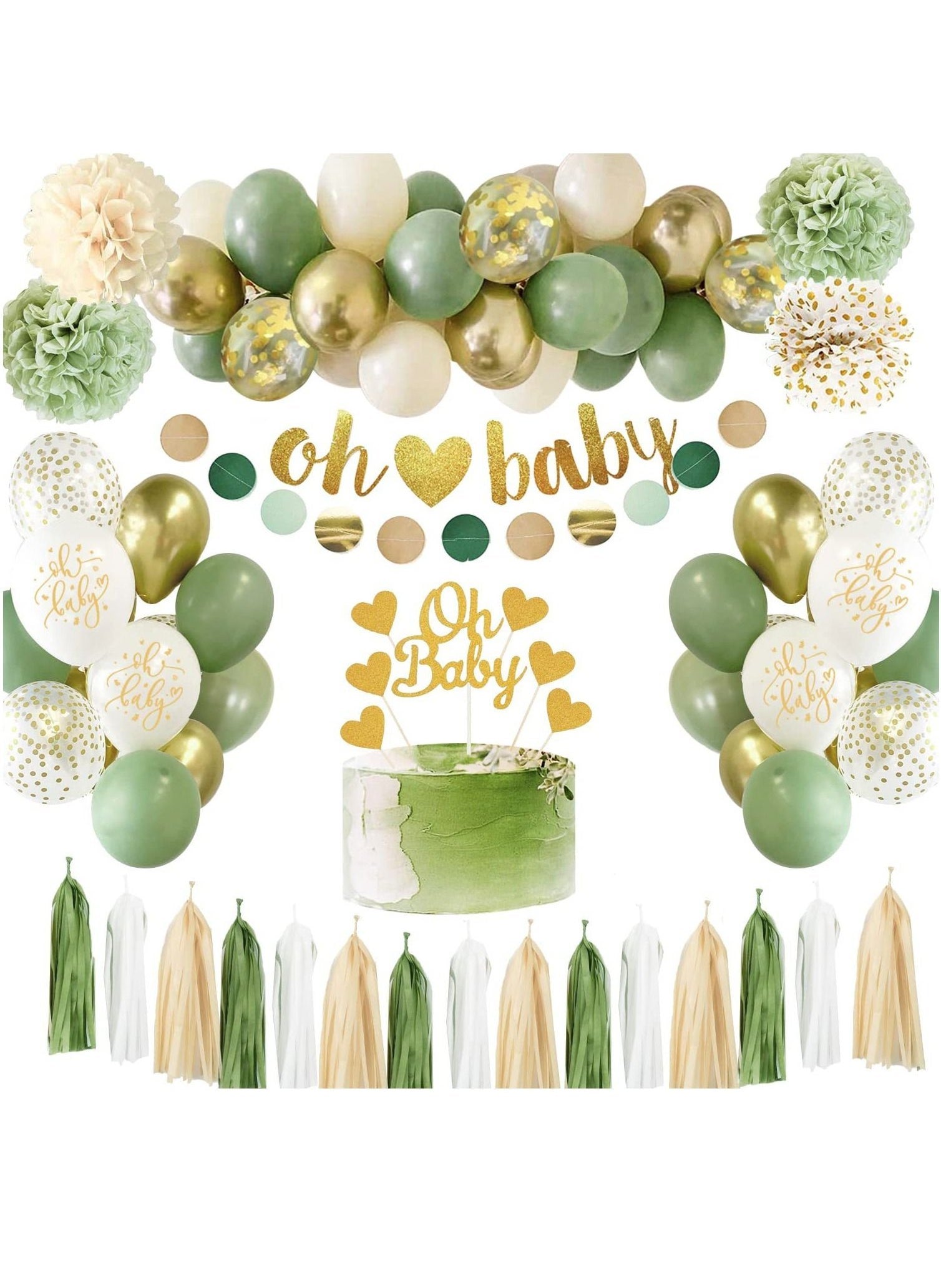 Baby Shower Decorations Sage Green Oh Baby Balloons Garland Neutral Greenery Party Supplies Oh Baby Banner Paper Pompom Cake Topper Paper Tassel