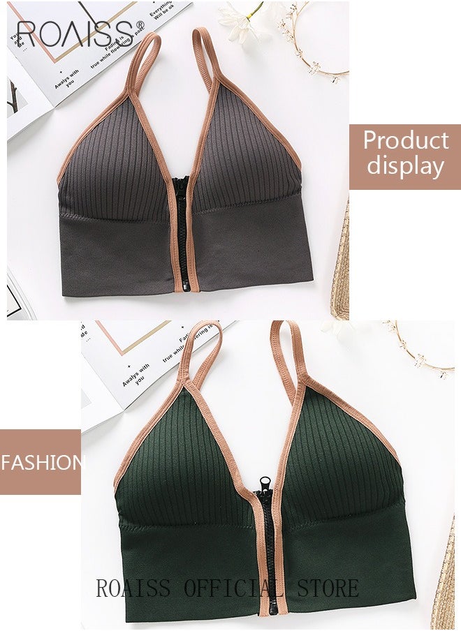 2 Pack of Sports Knit Bra Front Zipper Sports Vest Without Steel Ring Suspenders Wrapped Chest Strap Chest Pad Morandi Color for Women