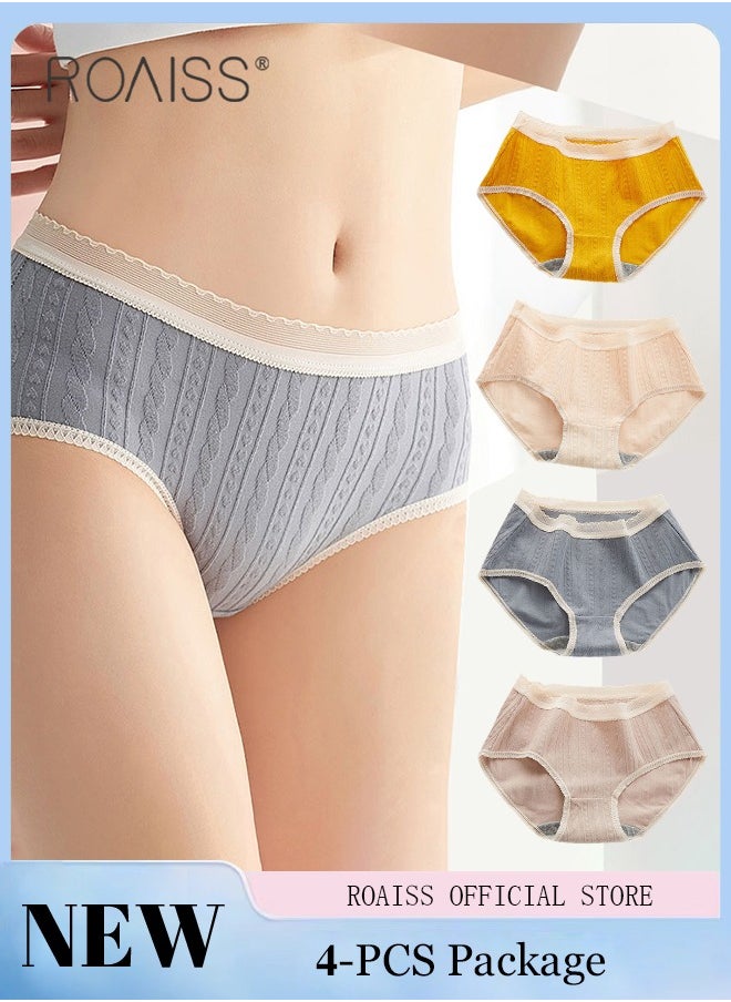 4 Piece Breifs Set Womens Cotton Mid-rise Stretch Panties Underwear Ladies Lace Stripe Panties Ladies Cotton Breathable Inner Leggings Women's Comfort Fit Briefs