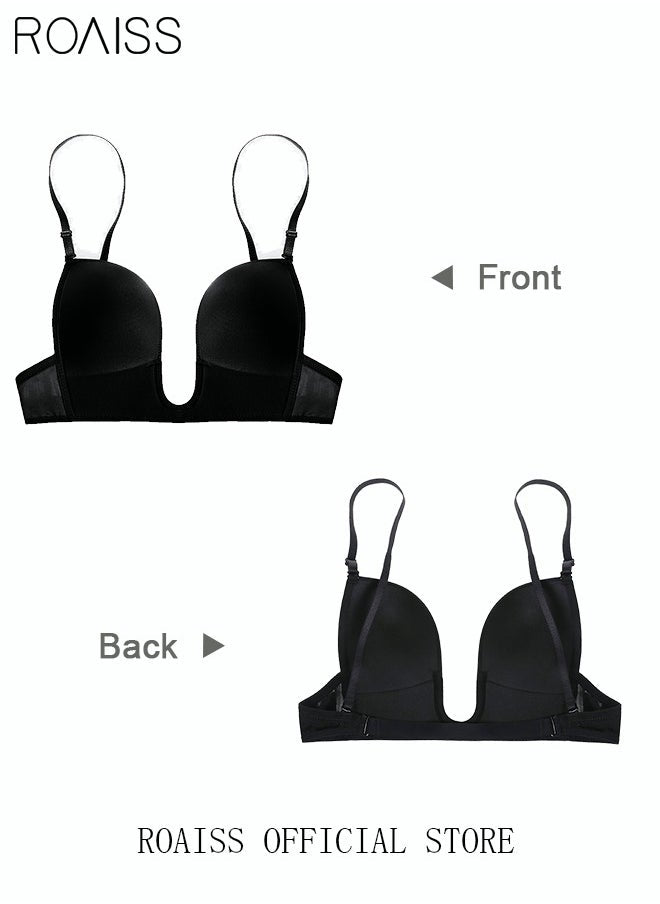 Women's Smooth Plunge Bras U-shaped Gathered Seamless Low-cut Backless for Wedding Dress Invisible Bra Sweet Comfort Underwear Lingerie Soft Push Up Underwire Black