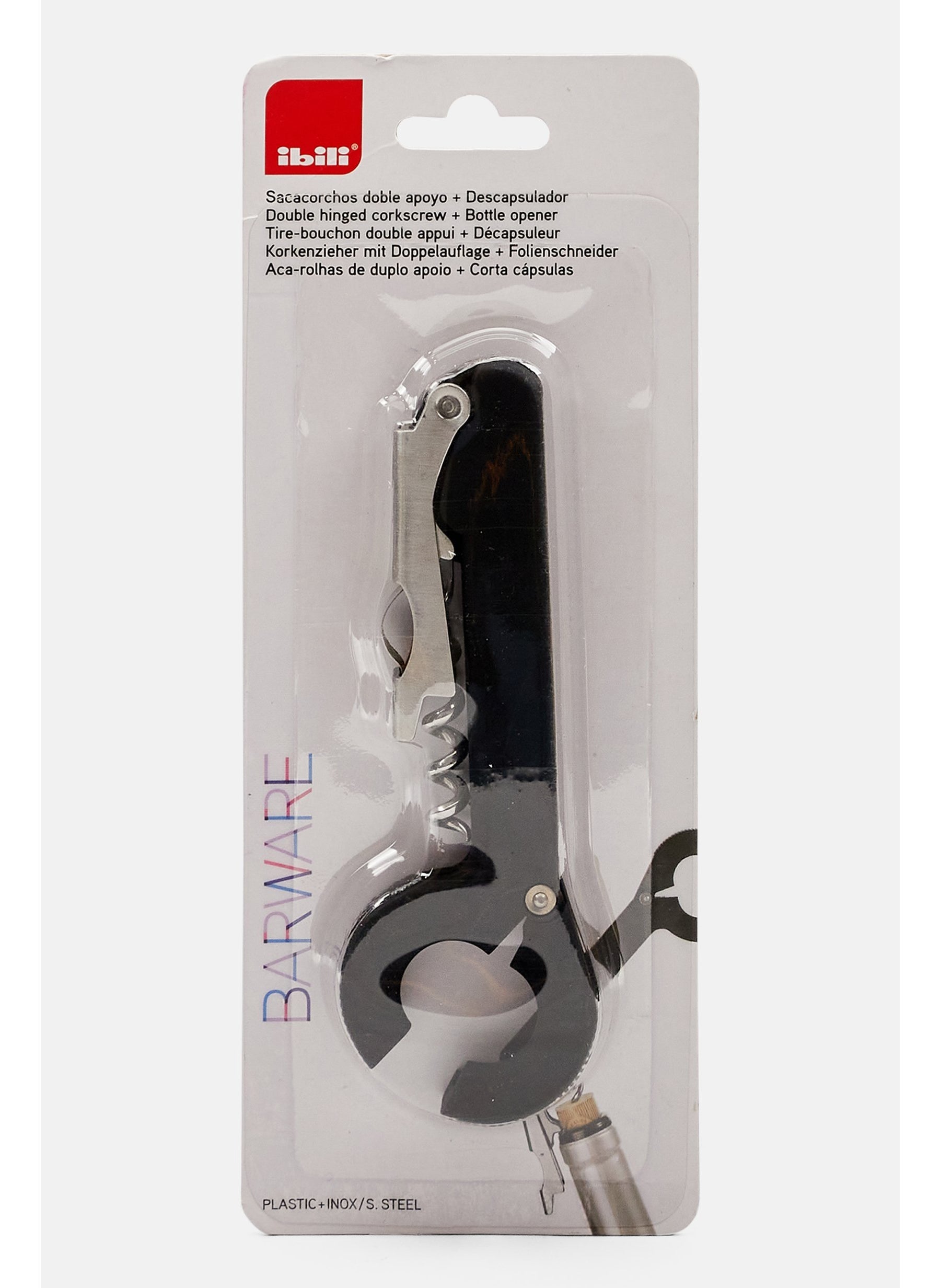 Double Hinged Corkscrew With Bottle Opener, Black/Silver