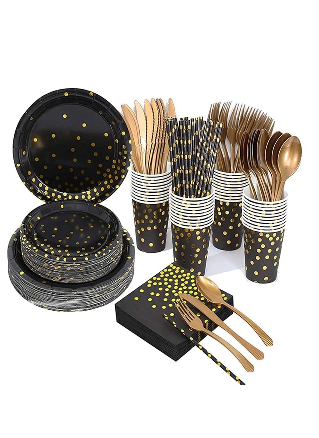 200 Pieces Party Supplies Party Tableware Foil Paper Plates Napkins Cups Straws for Weddings, Anniversary, Birthday-25 Guests (Black-Gold)