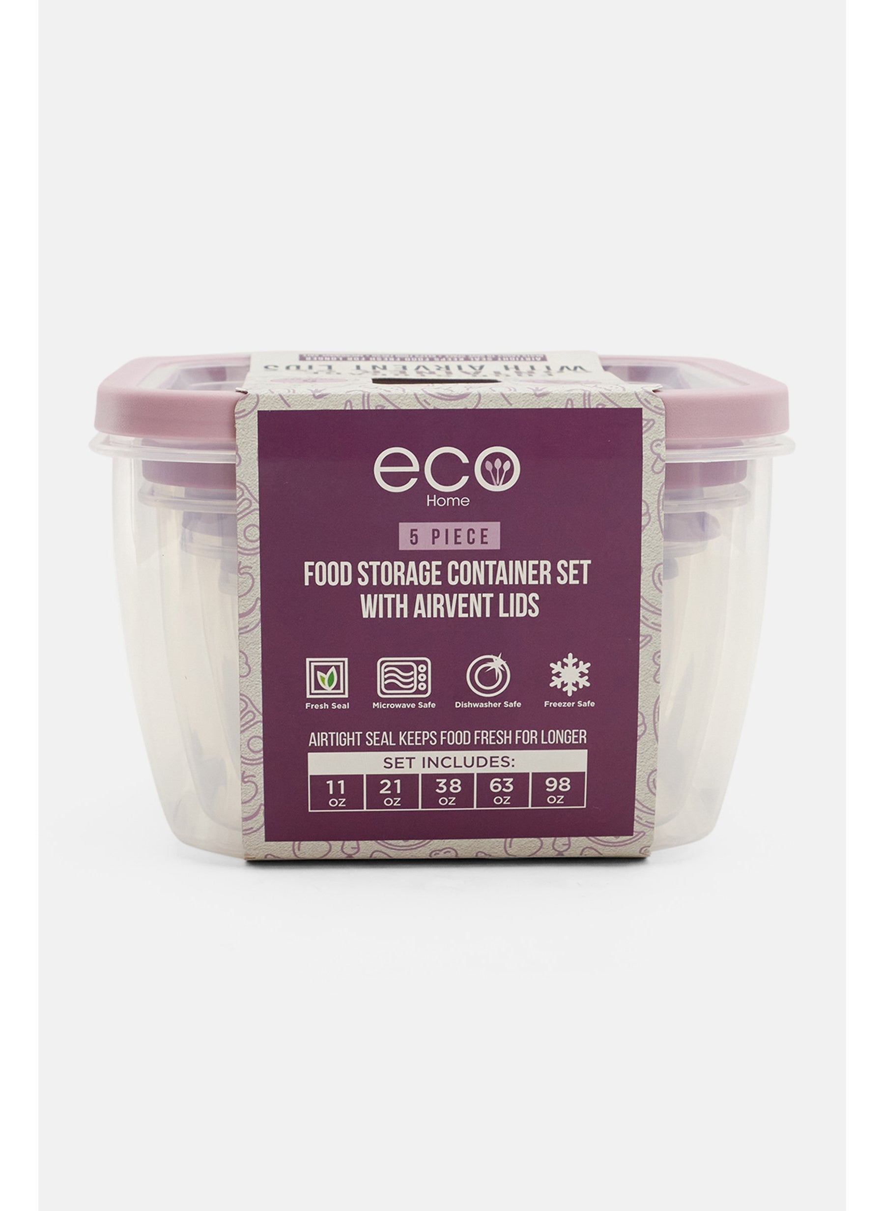 5 Piece Square Food Container Set, Transparent/Purple