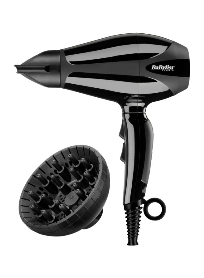 Compact Pro 2400 ?Hair Dryer AC | Italian Made For Quality & Long-lasting Performance | Ultra-slim Nozzle With Ionic Frizz Control Technology | Portable Dryer With Diffuser | 6715DSDE Black