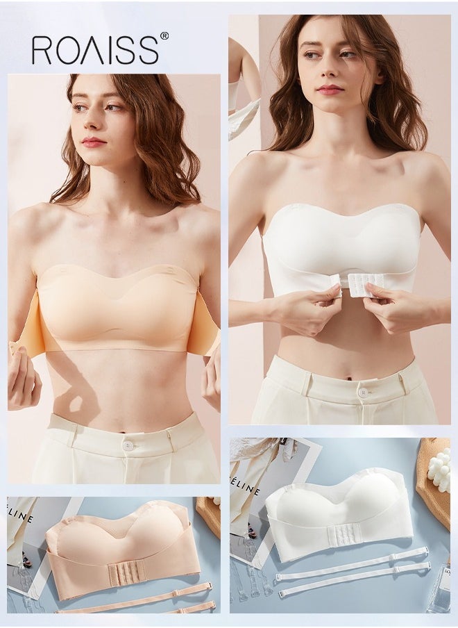 2Pcs Women's Strapless Tube Top Underwear Without Steel Ring Push Up Bra Beige/White