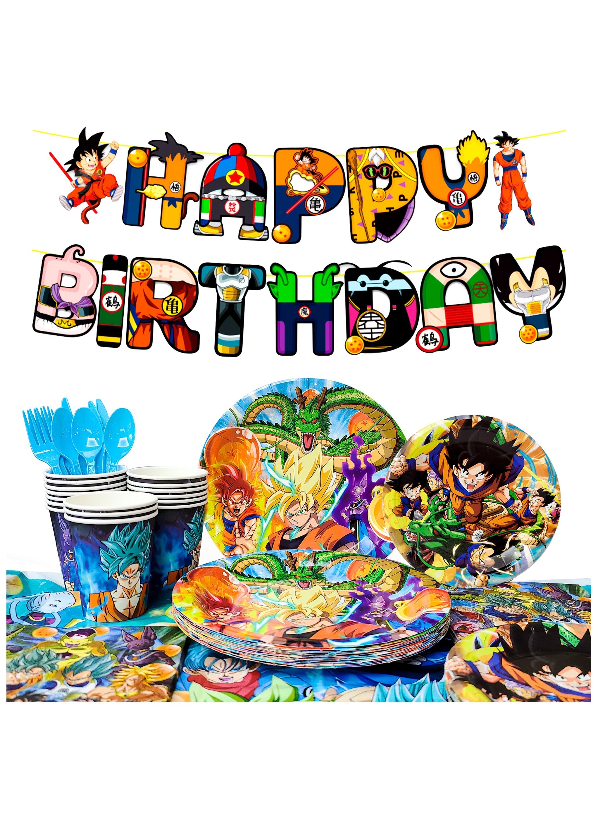 Dragon Party Supplies Tableware,128pcs Dragon Cartoon Birthday Party Decoration Tableware Set- Dragon Party Decorations Banner,Dragon Cartoon Party Plates Cups Table Cloth etc Goku Party Decorations