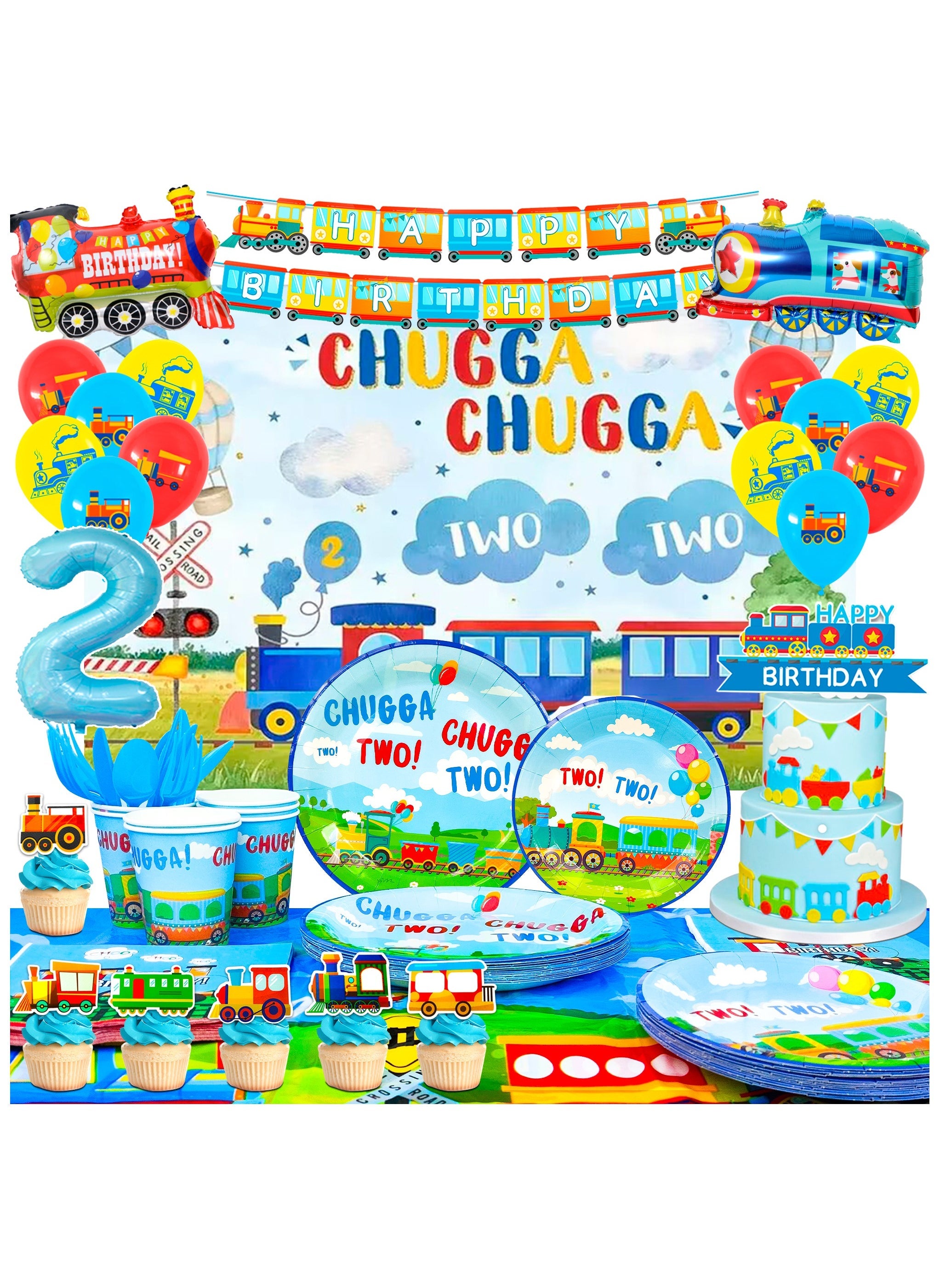 Chugga Chugga Two Two Party Decorations,158pcs Train Birthday Decorations & Train Party Tableware Set- Train Plates Cups Napkins Tablecloth Banner Balloons etc Train Birthday Party Supplies