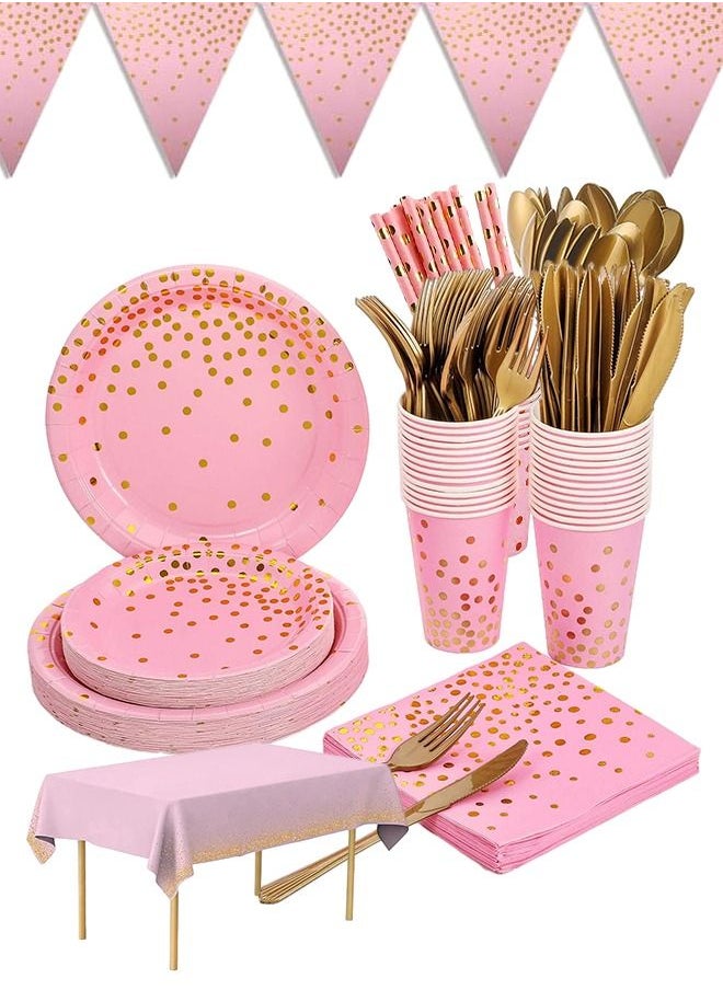 98PCS Pink and Gold Party Supplies Golden Dot Paper Party Dinnerware Includes Paper Plates, Napkins, Knives, Forks, 9oz Cups, Banner, for Graduation, Birthday party, Serves 12