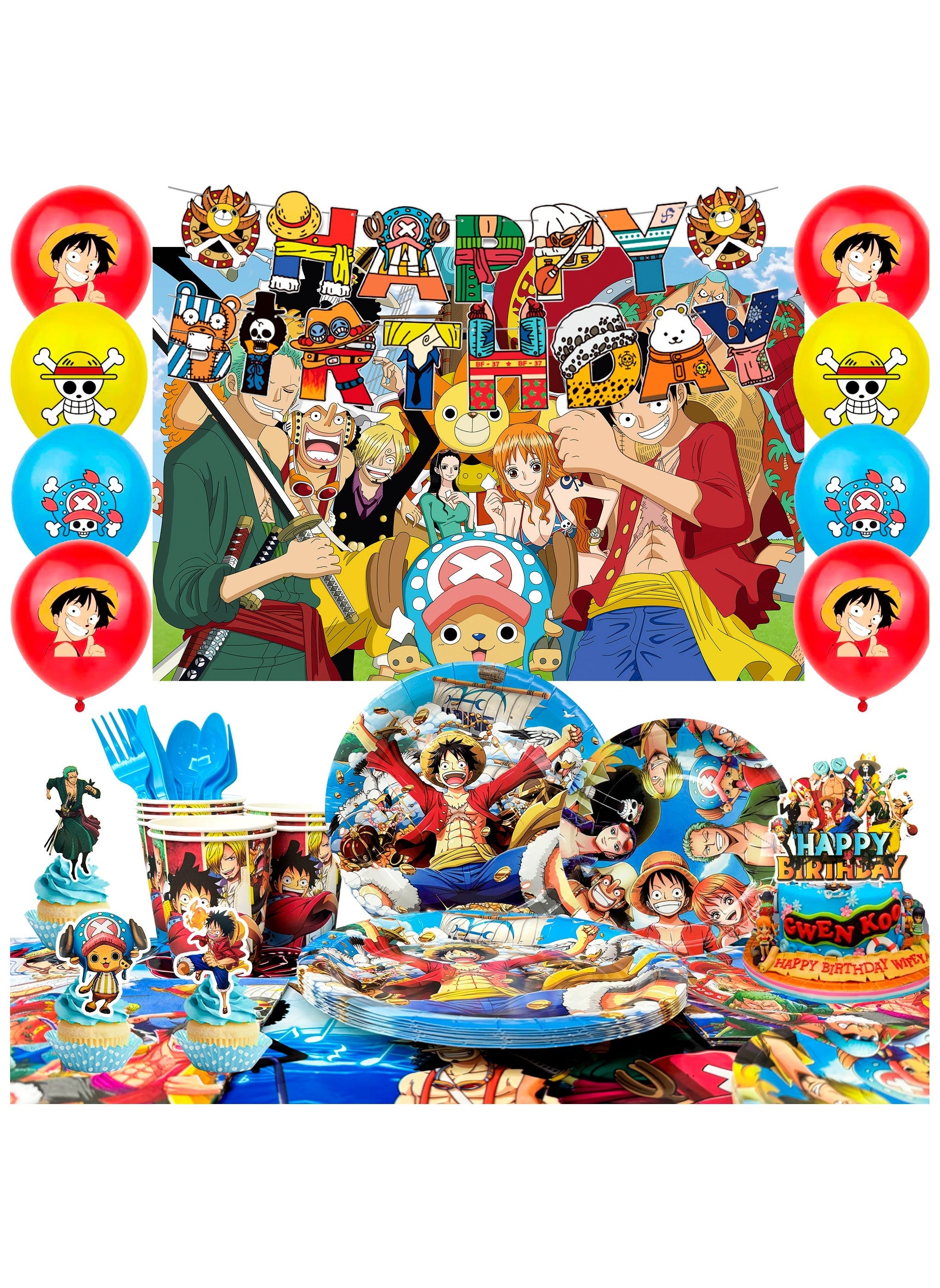 One Piece Birthday Decorations for Kids,112pcs One Piece Party Decorations&One Piece Party Tableware Set- One Piece Anime Birthday Banner Plates etc Birthday Party Supplies