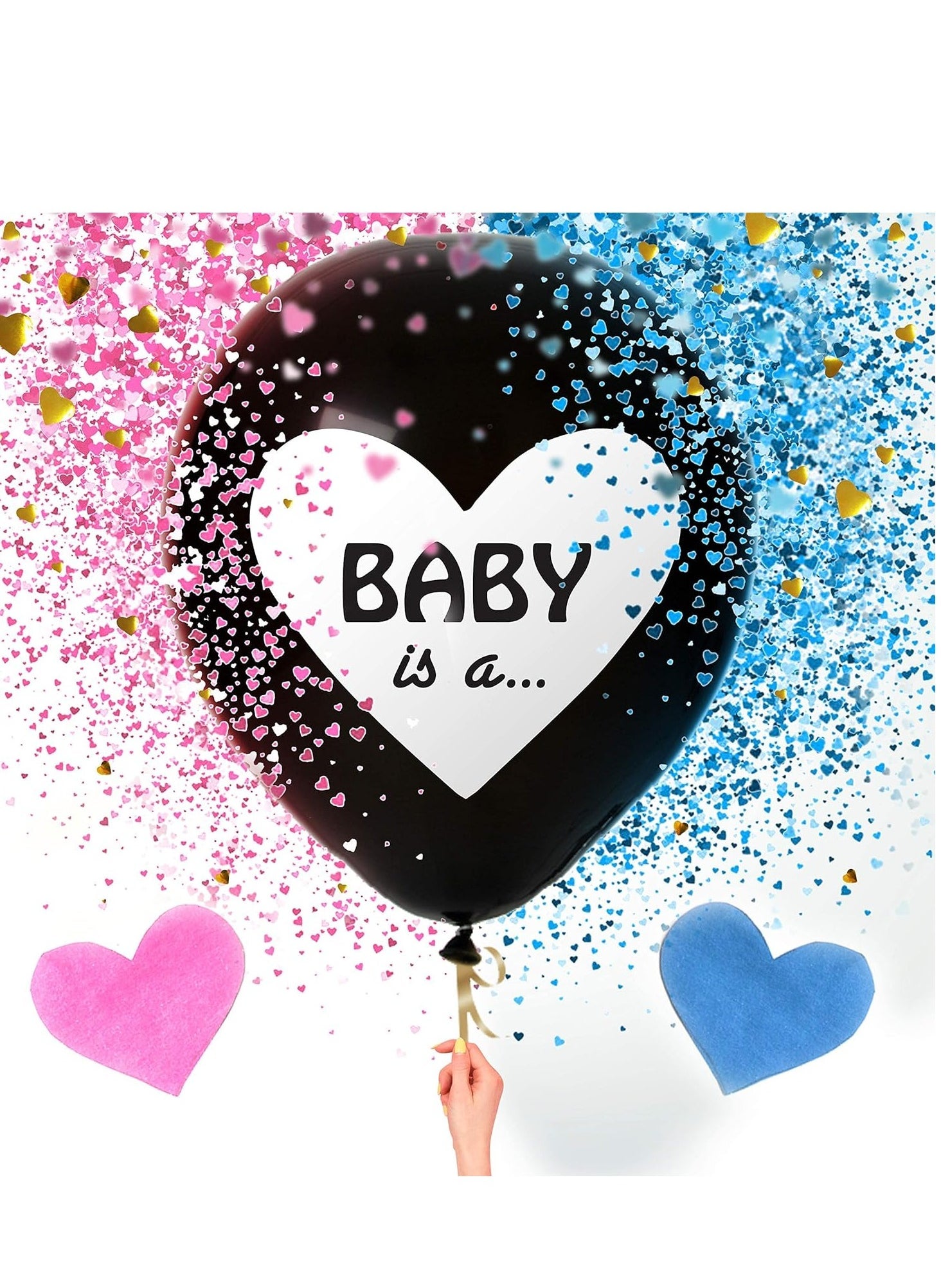 36 Inch Baby Gender Reveal Balloon Big Black Balloons with Pink and Blue Heart Shape Confetti Packs for Boy or Girl Shower Party Supplies Decoration Kit