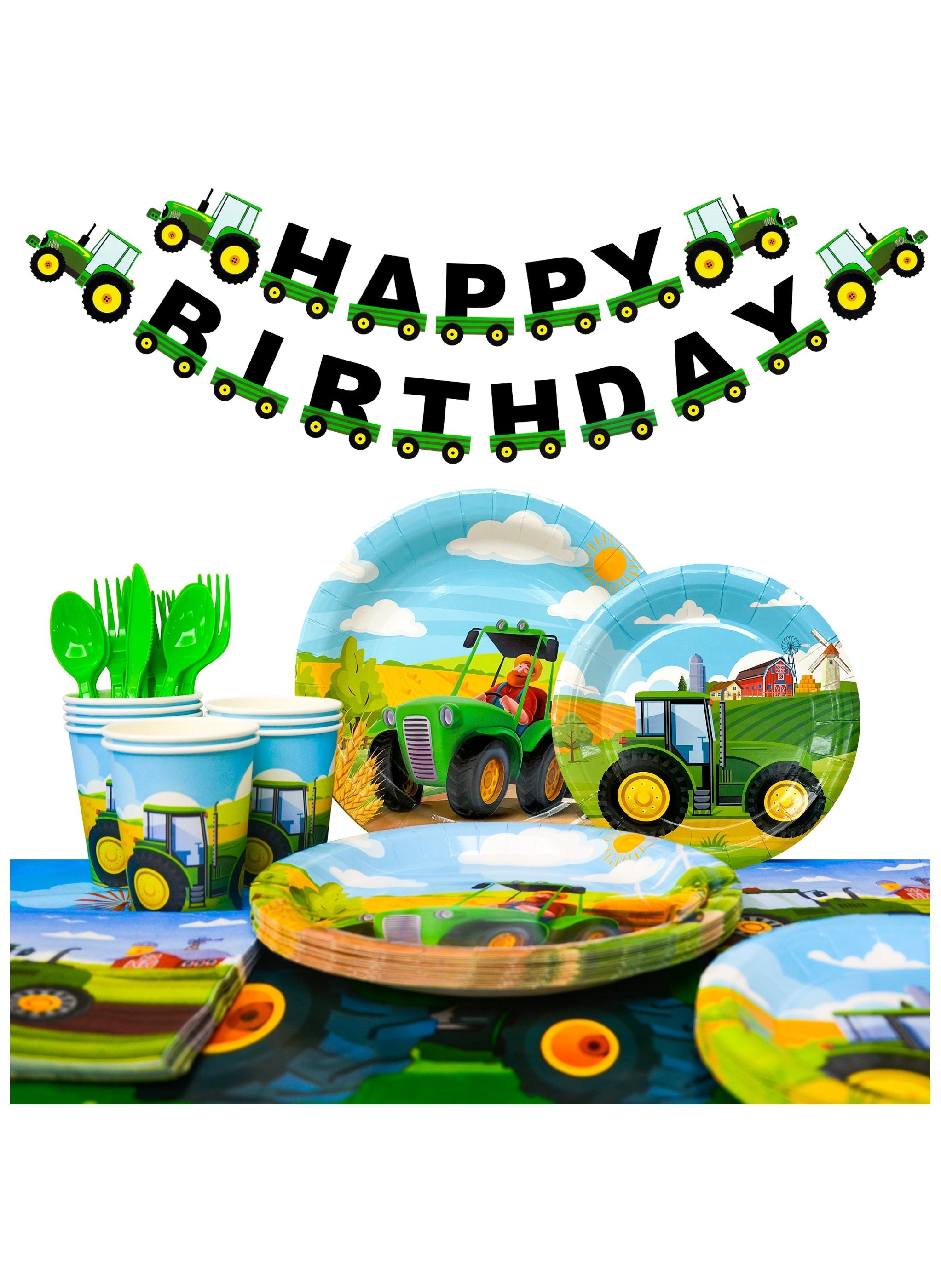 Tractor Birthday Party Supplies,130pcs Tractor Birthday Decorations Tableware Pack-Tractor Plates and Napkins Cups Tablecloth & Tractor Birthday Party Banner etc Tractor Themed Birthday Party Supplies