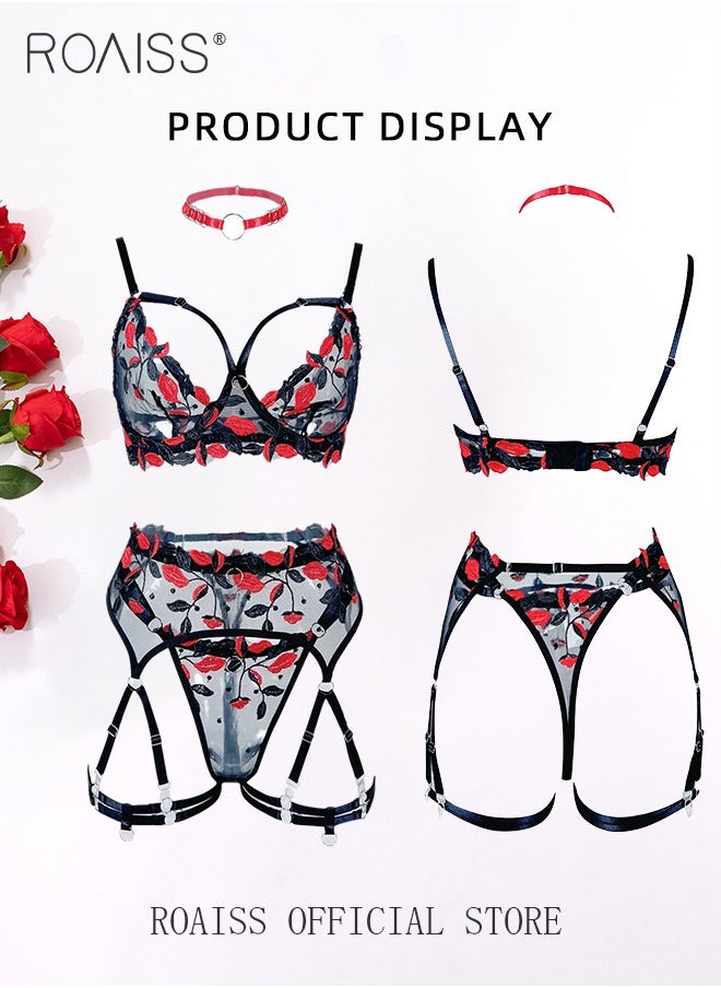 3Pcs Embroidery Patterns Underwear Suit for Women Lace Mesh Hollow Design Lingerie Set Includes Garters Ladies Teddy Babydolls Cosplay Costumes Adult Push up Bra Loungewear Boudoir Outfits