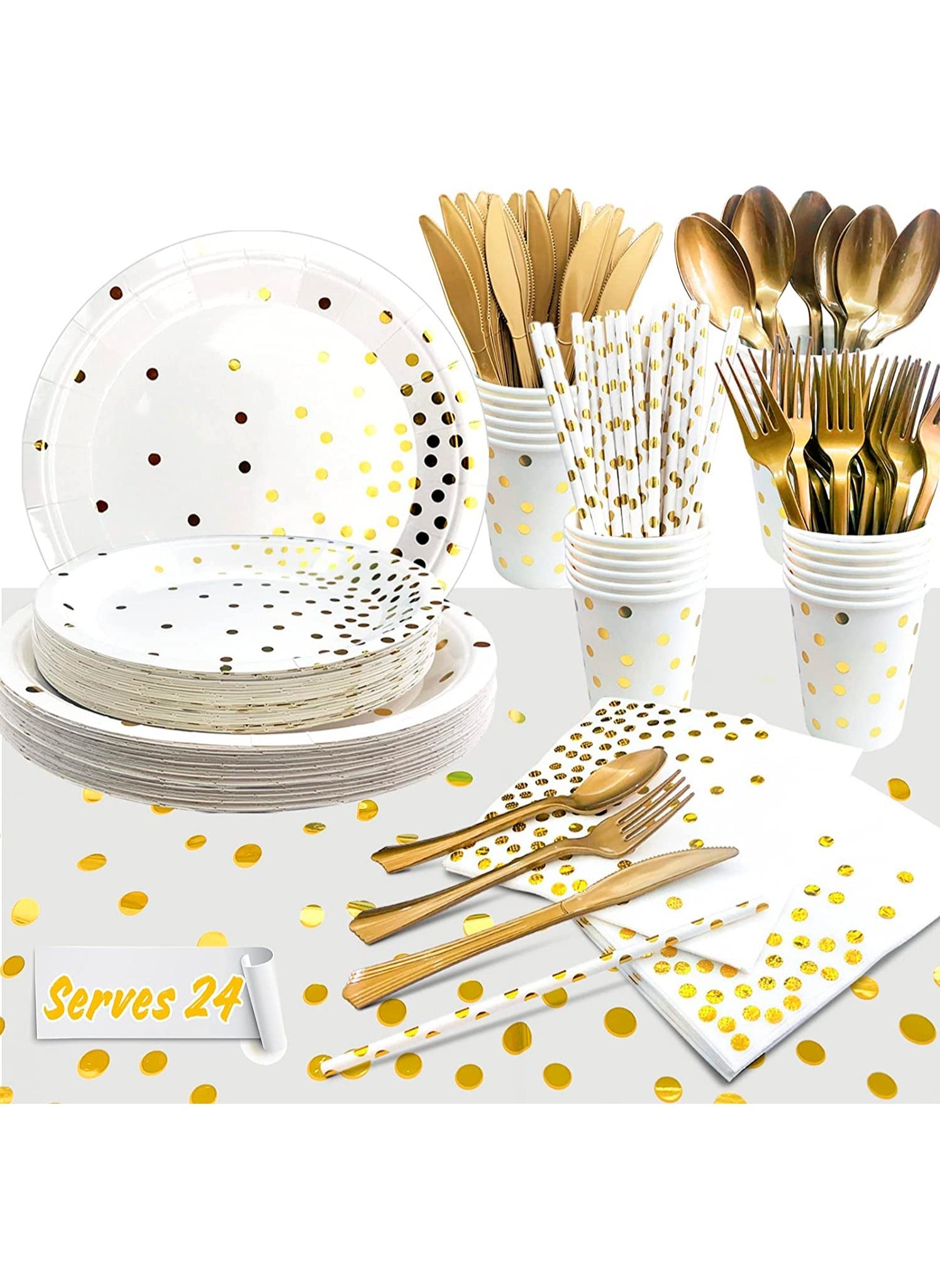 White and Gold Party Supplies 193PCS/Serves 24 Disposable Dinnerware Set, Golden Dot Paper Plates Cups Straw Tablecloth Plastic Forks Knives Spoons