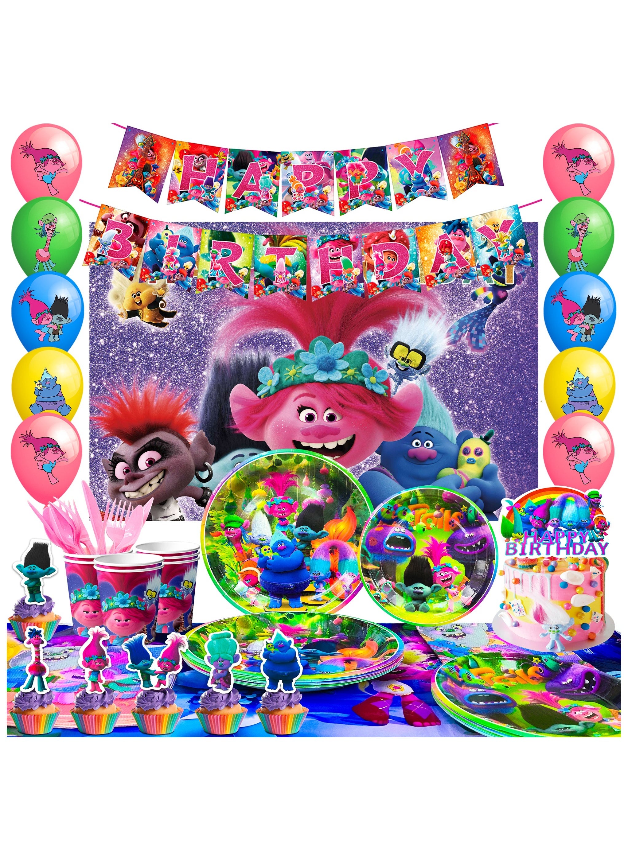 Cartoon trolls Birthday Party Decorations,112pcs Cartoon Band Together Party Supplies Include Cartoon Party Tableware Plates Napkins Cups Balloons Banner etc Cartoon Party Decorations for Girls/Boys