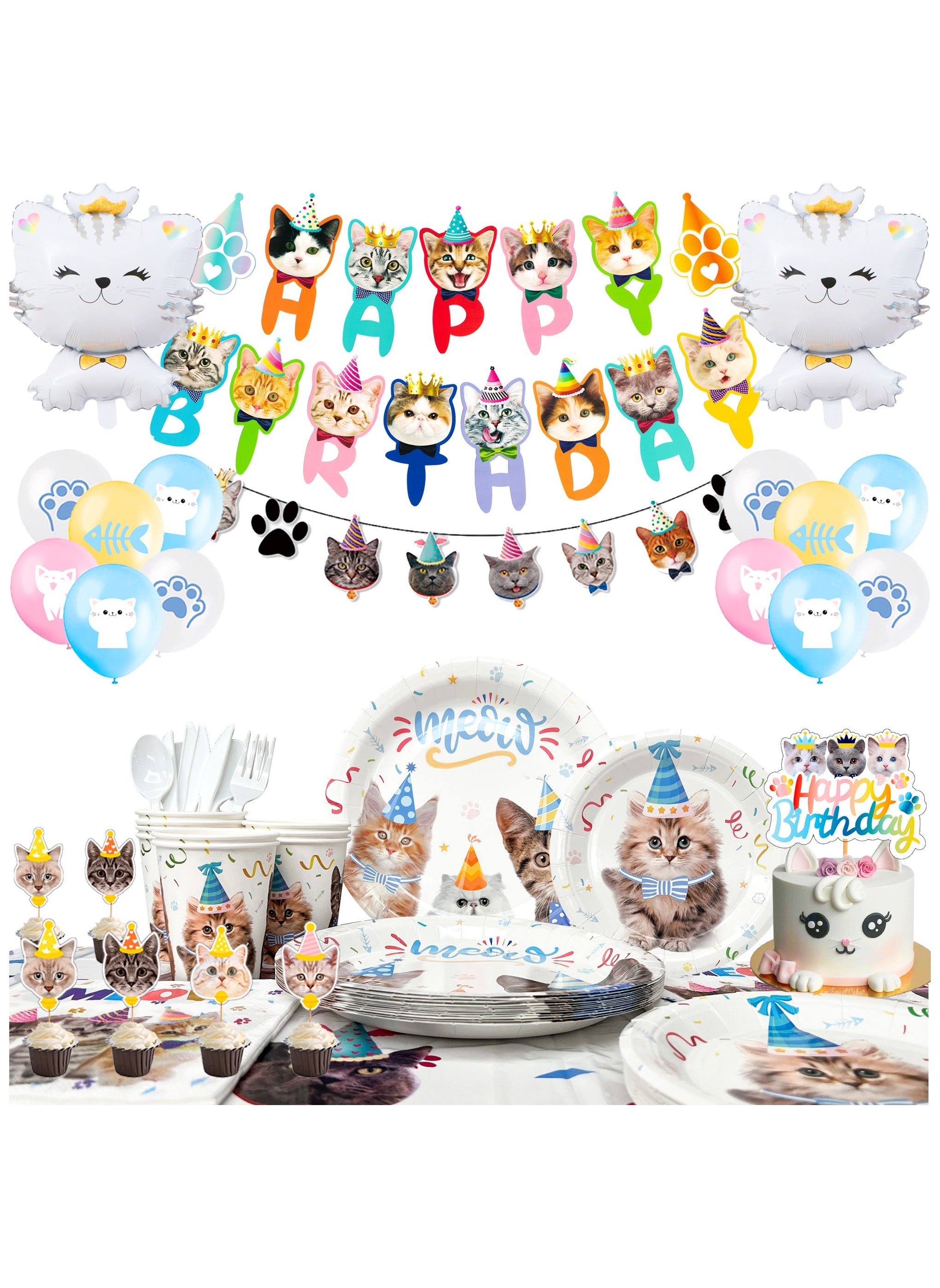 Cat Birthday Party Supplies,167pcs Cat Birthday Decorations & Cat Theme Tableware Set-Cat Party Plates Napkins Tablecloth& Birthday Banner etc Cat Themed Birthday Party Supplies