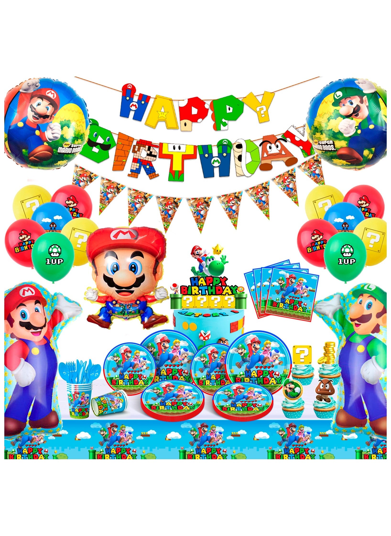 Mario Birthday Party Supplies,123pcs Mario Party Decorations & Tableware Set - Super Mario Bros Balloons Banner & Mario Party Plates and Napkins Tablecloth etc Super Mario Party Supplies for Boys Kids