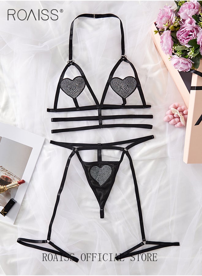 Three Point Heart Shaped Underwear Suit for Women Halterneck Design Hollow Separate Lingerie Set Bikini Loungewear Cosplay Costumes Boudoir Outfits Sweet Intimates Clothing