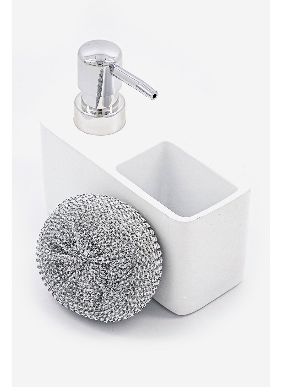 Soap Dispenser With Scourer, White and Silver