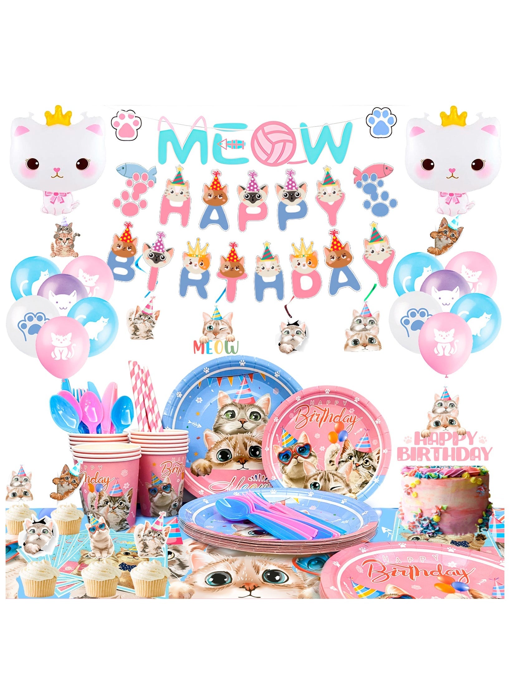 Cat Themed Party Supplies,178pcs Cat Birthday Decorations&Tableware Set-HAPPY BIRTHDAY and MEOW Cat Face Banner Balloons Plates Tablecloth Cups Napkins etc, for Cat Theme Party