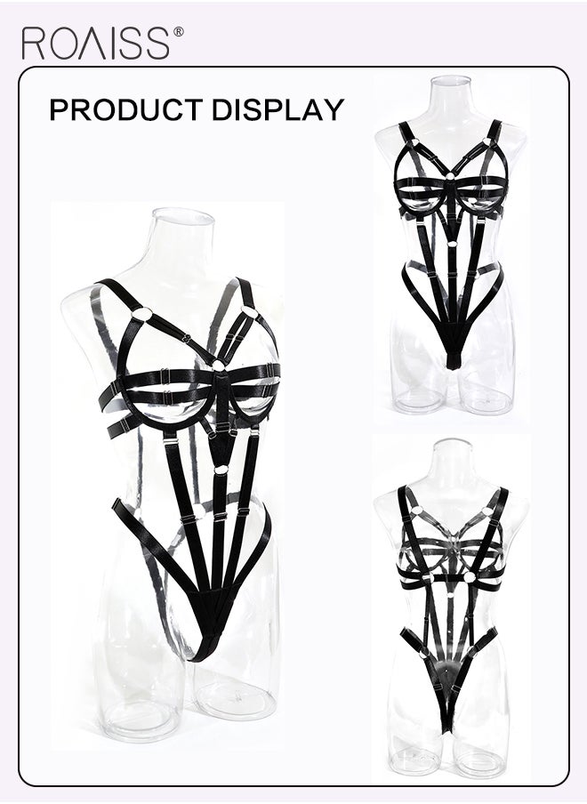 Thick Webbing Spliced Onesie Underwear for Women Hollow Design Suspender Bodysuit Ladies Adjustable Bondage Cupless Cage Bra Set Exotic Style Cosplay Costumes Boudoir Outfits