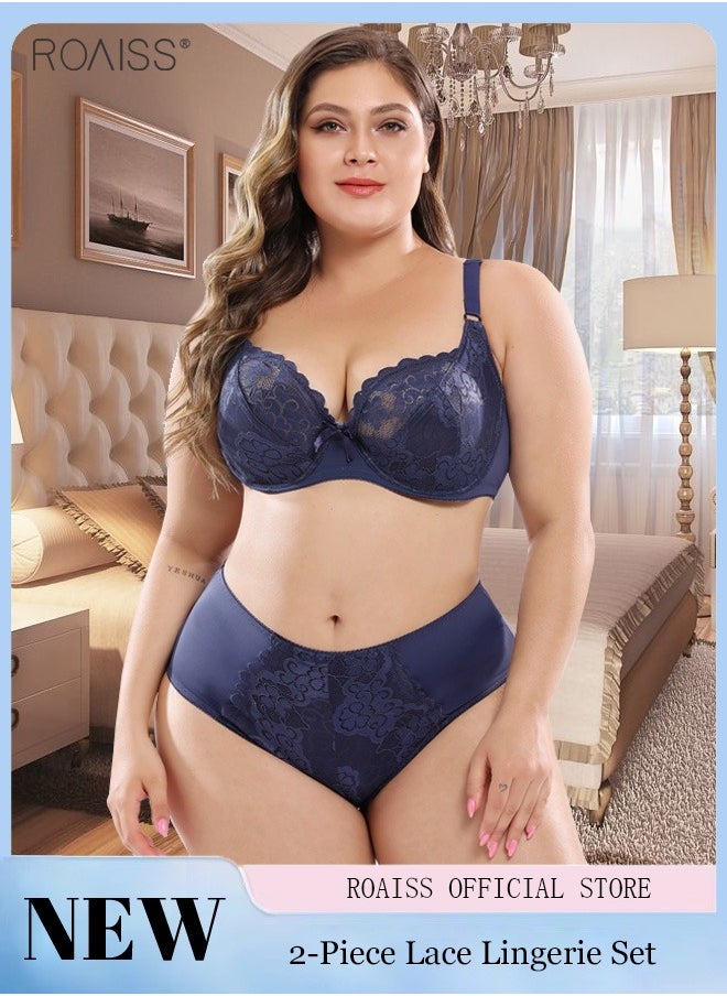 Women's 2-Piece Lace Underwear Set Plus Size Light Bra With No Bra Pad And Built-In Steel Ring High Waisted Satin Lace Patchwork Underwear