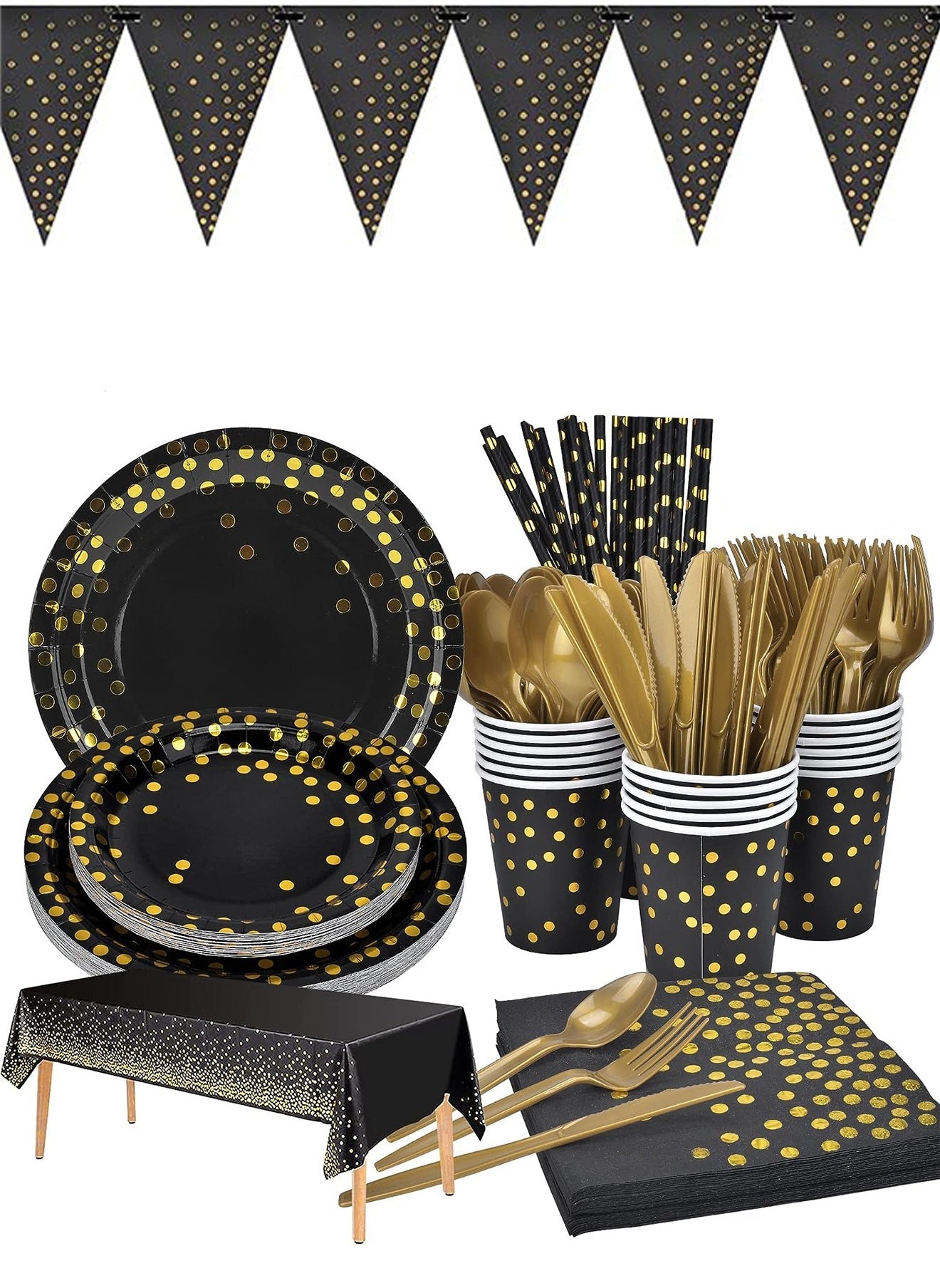 98PCS Black and Gold Party Supplies Golden Dot Paper Party Dinnerware Includes Paper Plates, Napkins, Knives, Forks, 9oz Cups, Banner, for Graduation, Birthday party, Serves 12