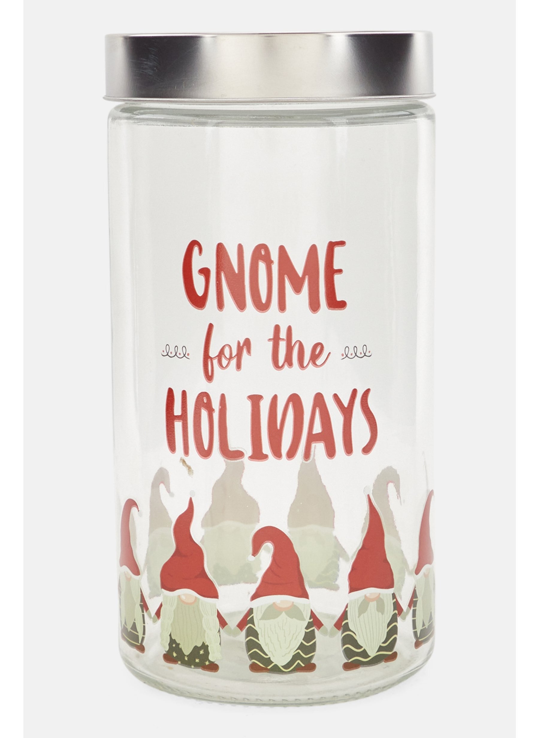 Gnome For The Holidays Round Glass Canister 58 oz, Transparent