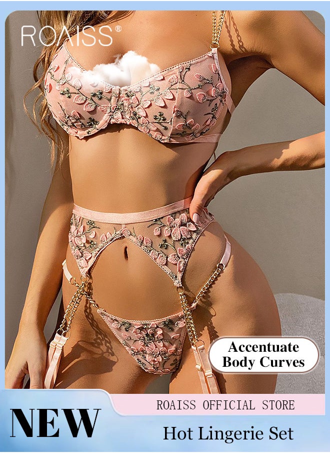 3 Point Underwear for Women with Floral Embroidery Elements and Chain Decoration Ladies Lingerie Splicing Suit