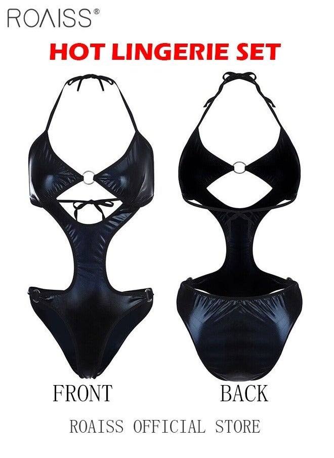 Women's Corset Halter Neck Hollow Backless Patent Leather One-Piece Underwear Attractive Bra Ring Linked Bodysuit for Ladies Wife Girlfriend