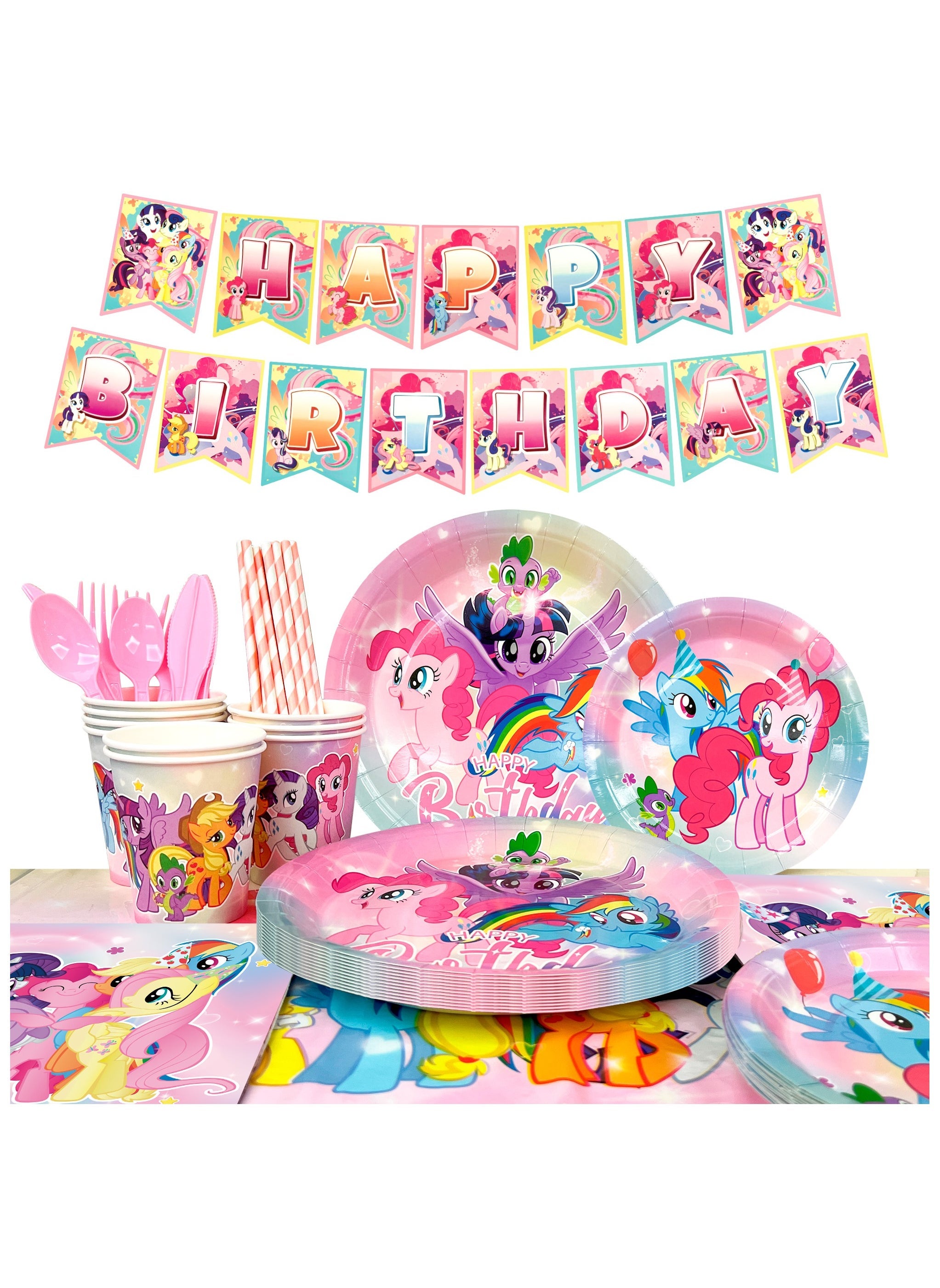 My Little Pony Birthday Party Supplies, 144 Pcs My Little Pony Decorations & Tableware Set - My Little Pony Plates Cups Napkins & My Little Pony Birthday Banner etc My Little Pony Party Supplies