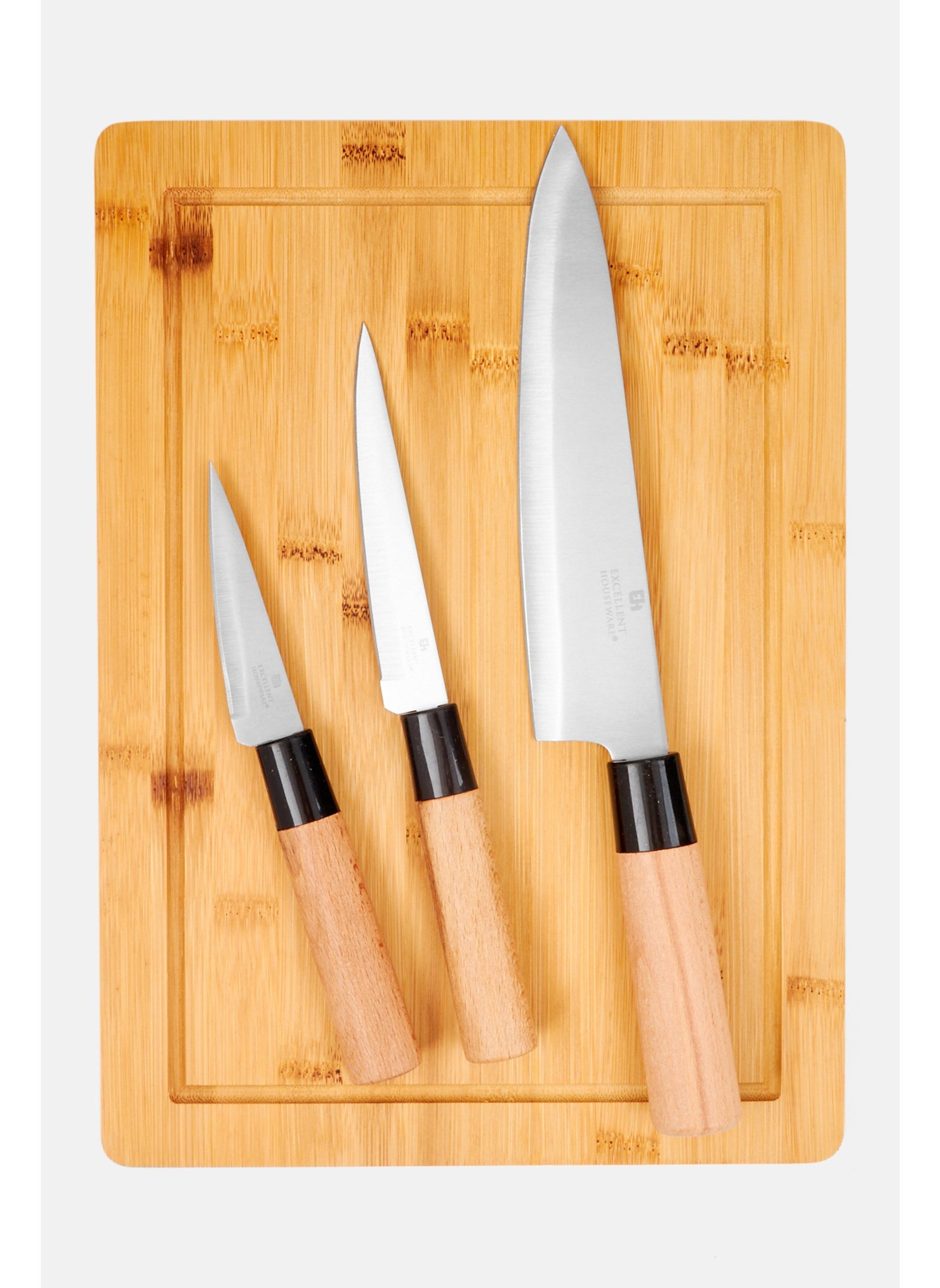 4 Pcs Kitchen Knife With Cutting Board Set, Brown