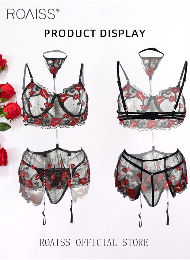 3Pcs Lip Print Pattern Lingerie Suit for Women Transparent Mesh Chain Design Underwear Set Halterneck Bikini Loungewear Includes Garters Teddy Babydolls Cosplay Costumes Boudoir Outfits