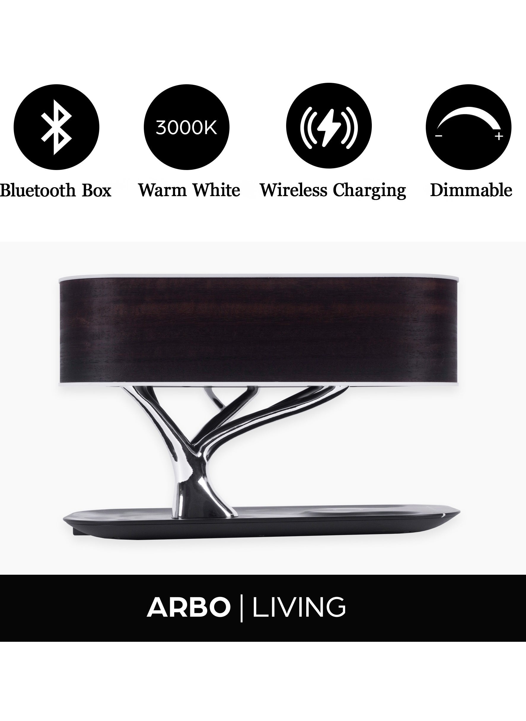 Table Lamp Dark Oak Wood With Bluetooth Connection And Wireless Charger Eye Care Dimmable Touch Function To Control Brightness