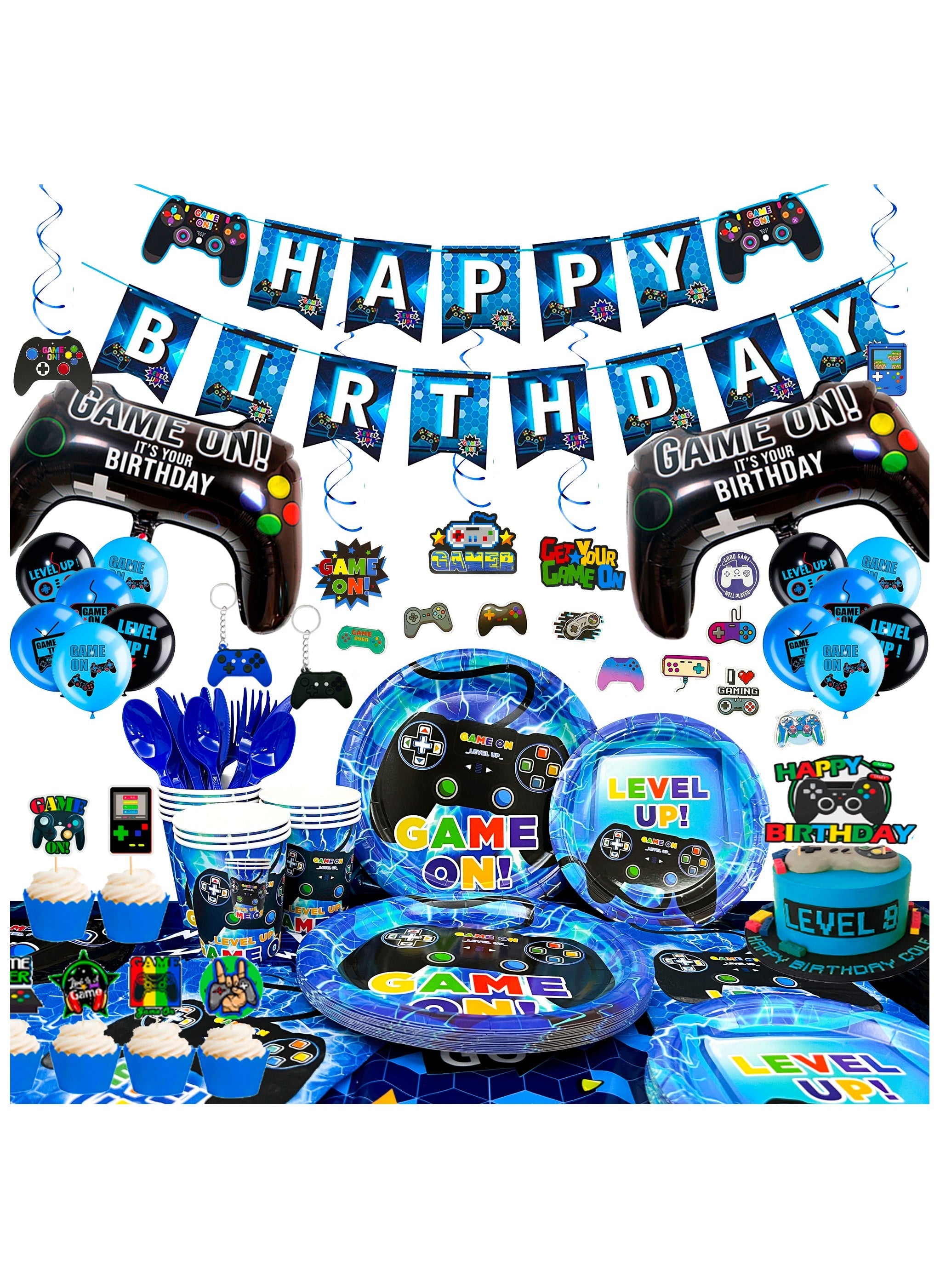 Video Game Birthday Decorations for Boys,213pcs Video Game Party Decorations&Tableware Set-Video Game Party Plates Napkins Tablecloth Balloons Banner Hanging Swirls etc