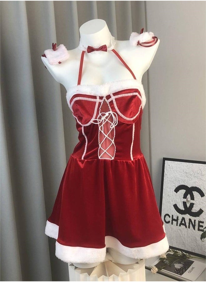 Cosplay Lingerie Suit for Women Red Suspender Sleeveless Dress to Accentuate Body Curves Ladies Lace up Front Naughty Babydoll Comfy and Breathable Waist-Cinching Cute Underwear