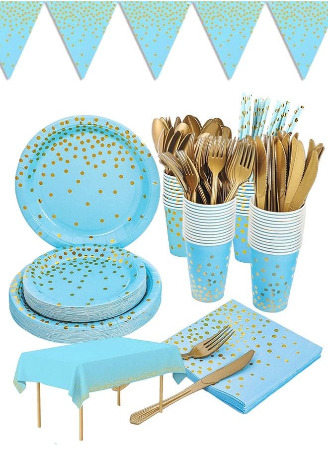 98PCS Blue and Gold Party Supplies Golden Dot Paper Party Dinnerware Includes Paper Plates, Napkins, Knives, Forks, 9oz Cups, Banner, for Graduation, Birthday party, Serves 12