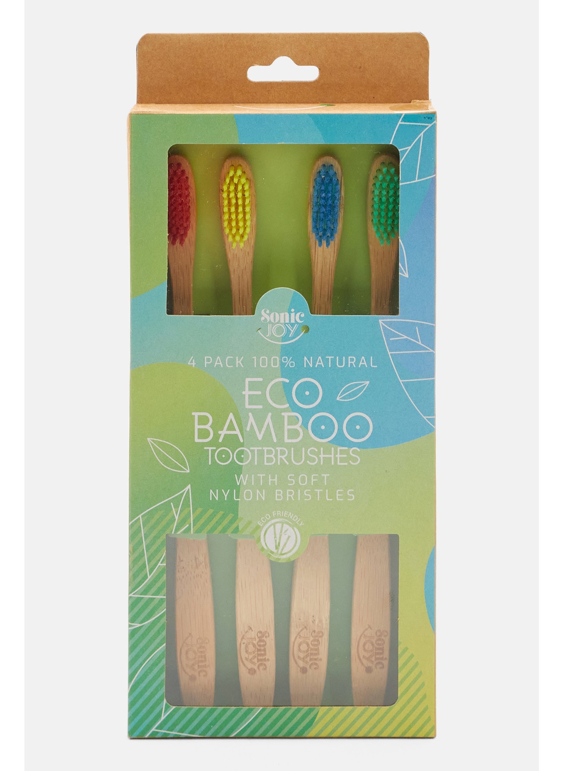 4 Pack 100 Natural Eco Bamboo Toothbrushes, Tan