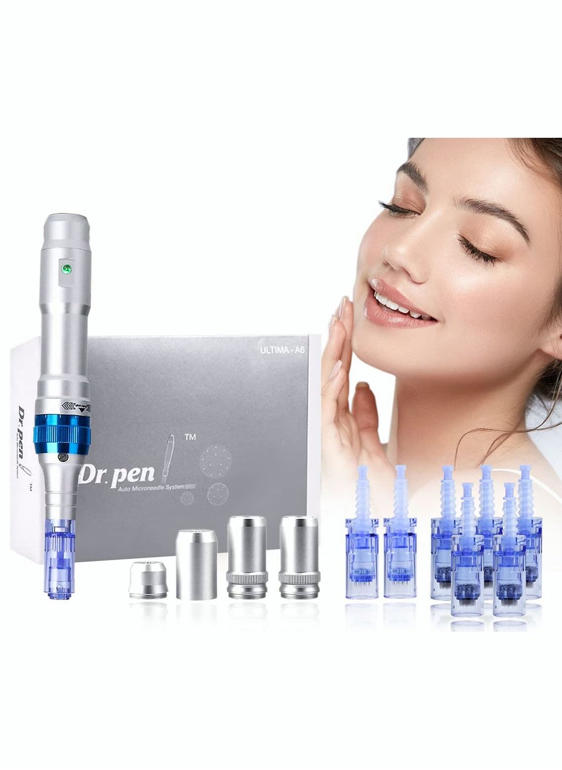 Dr. Pen A6 Cordless Electric Beauty Pen - Face and Body Skin Care Set - 12 Needles x2 (0.25mm) + 36 Needles x5 (0.25mm) Cartridges